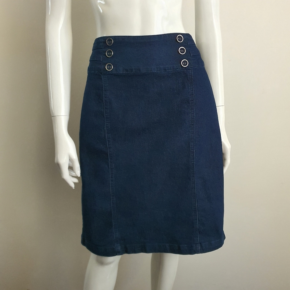 Review Size 14 High Waist Dark Wash Blue Denim Skirt - Picture 8 of 10